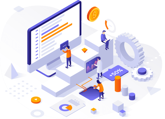 Illustration of a giant computer, charts, diagrams, graphs and a group of tiny analysts